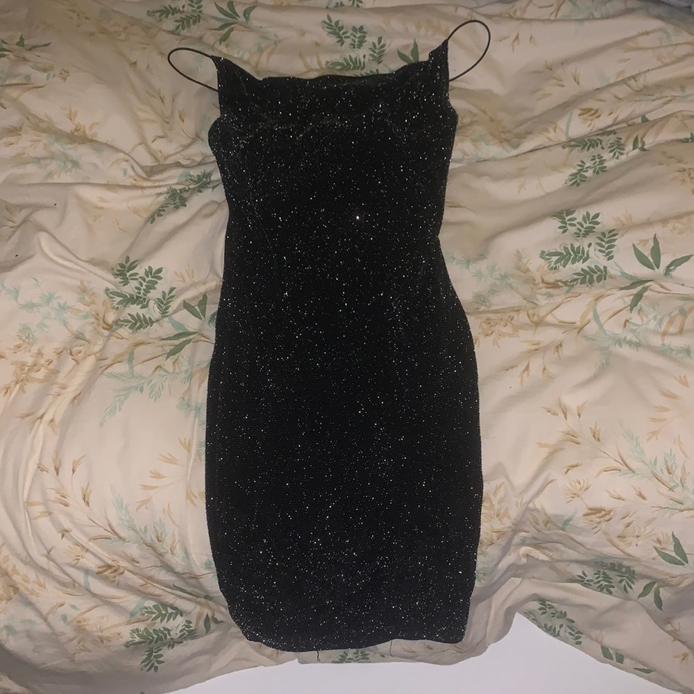 Black sparkly mini dress with cowl neck line